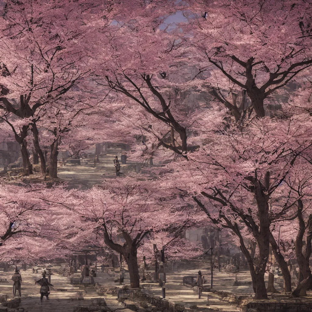 Image similar to old empty samurai city surrounded by sakura trees, matte painting, digital art, artistation