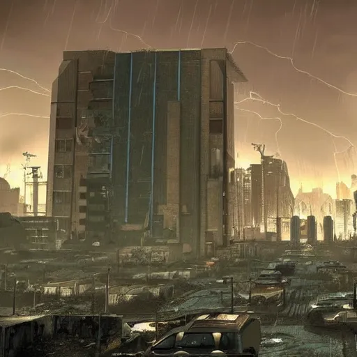 Image similar to total fallout city in a dystopian future, while it is raining radioactively and a thunderstorm is starting, high details