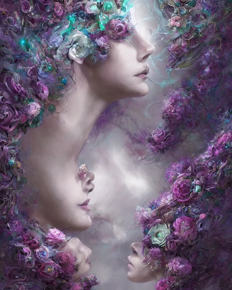 Prompt: a digital painting of interlaced gorgeous etherial female sculptures, made of mist, made of flowers, Andrew Ferez, Charlie Bowater, Marco Mazzoni, Seb McKinnon, Ryohei Hase, Alberto Seveso, Kim Keever, trending on cgsociety, featured on zbrush central, new sculpture, mystical