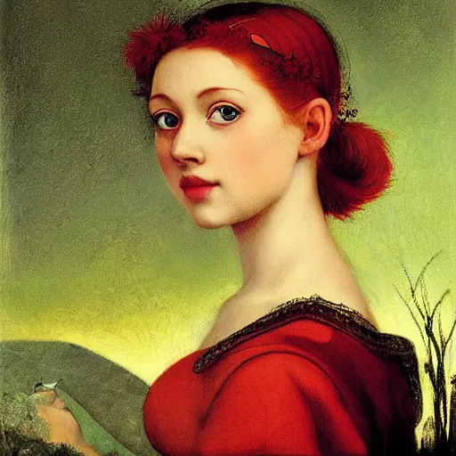 Image similar to sharp, intricate fine details, breathtaking, digital art portrait of a red haired girl with green eyes softly smiling in a dreamy, mesmerizing scenery with fireflies, art by artemisia gentileschi