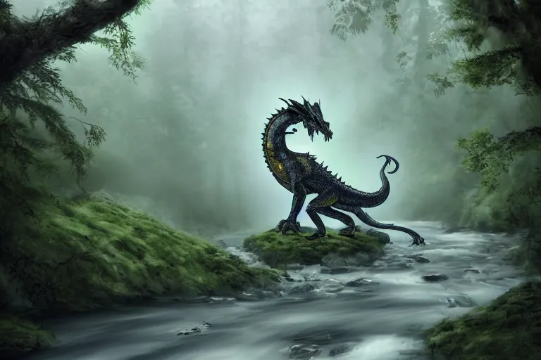 Prompt: peaceful dragon in a beautiful, misty forest, leaning over a steep hill, elongating its neck to sip water from the flowing, turbulent river, trending on artstation, intricately defined, complexly detailed, robustly ordinated, 4 k quality, digital art
