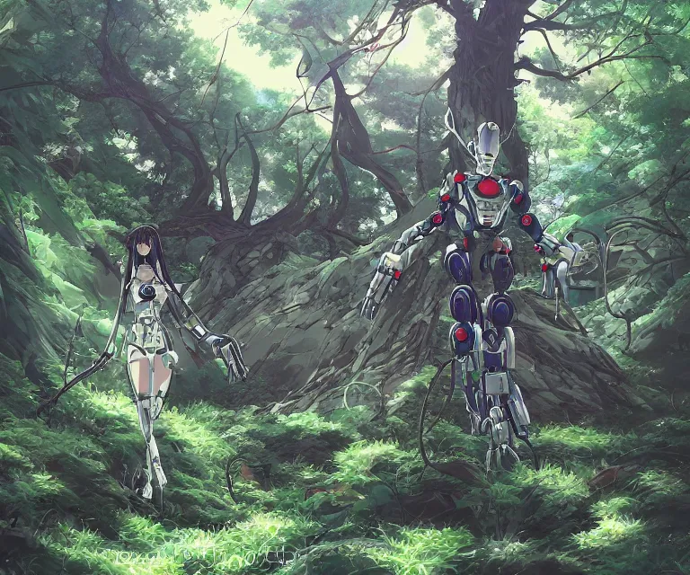 Image similar to robot in a forest, anime fantasy illustration by tomoyuki yamasaki, kyoto studio, madhouse, ufotable, comixwave films, trending on artstation