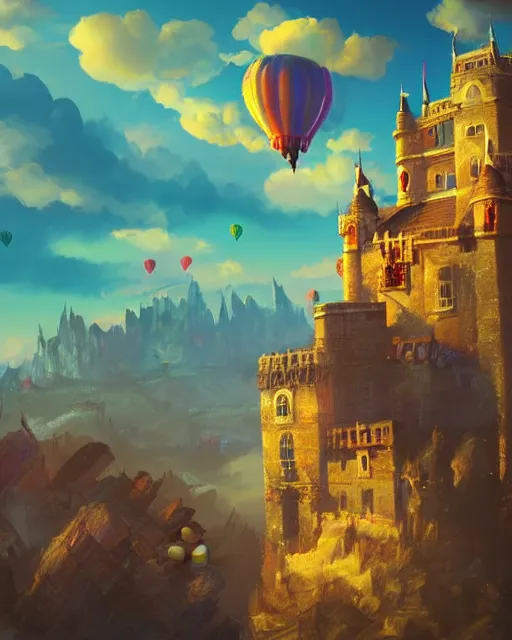 Image similar to flying cloud castle, buildings, baloons, bright, blue sky, mountains, colorful, cinematic lighting, fantasy, high detail, illustration, masterpiece, artstation, 4 k, art by wylie beckert