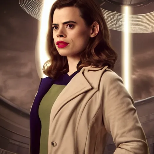 Image similar to a beautiful full body photograph of hayley atwell as'doctor who ', time vortex in the background, detailed face, symmetrical face, extreme realism and detail, 8 k, completely framed, direct lighting, 3 5 mm photo, photorealistic, sharp focus