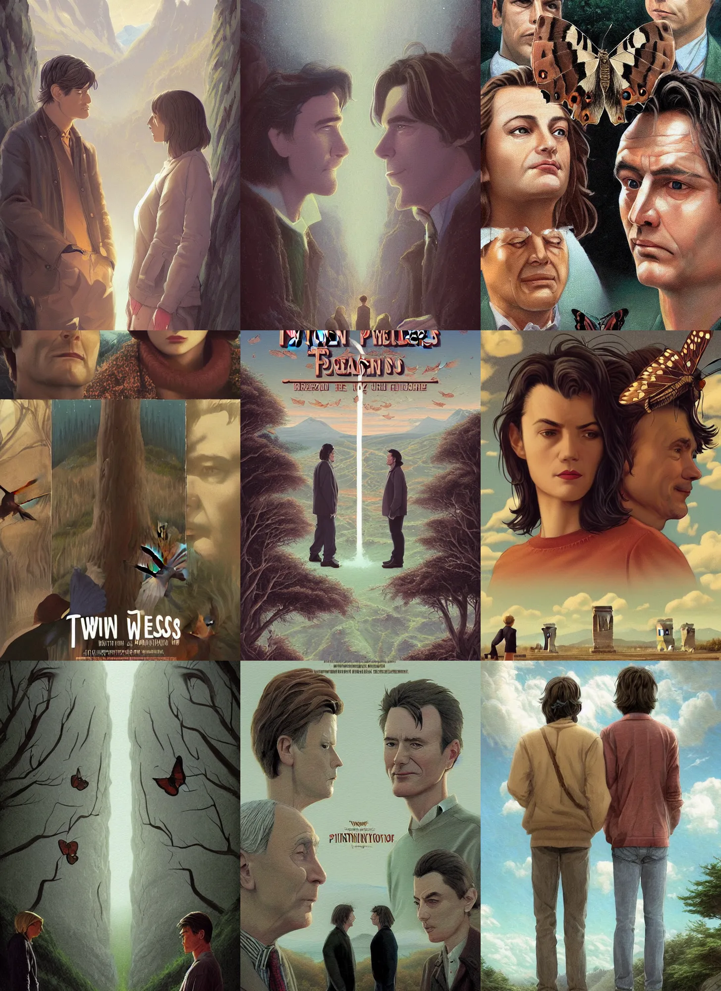 Prompt: Twin Peaks Buddy Movie poster artwork by T Wolf, P Cattaneo, S Baraldi, Artem Chebokha, stone henge, Rendering of a cinematic beautiful closeup moment of friends standing facing away from each other, Pensive Lonely I love you moth man butterfly woman, full of details, by Makoto Shinkai and thomas kinkade, Matte painting, trending on artstation and unreal engine