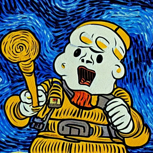 Image similar to portrait of a giant shouting ( ( stay puft marshmallow man ) ) in the style of vincent van gogh intricate detail, low angle, blockbuster ghostbusters movie
