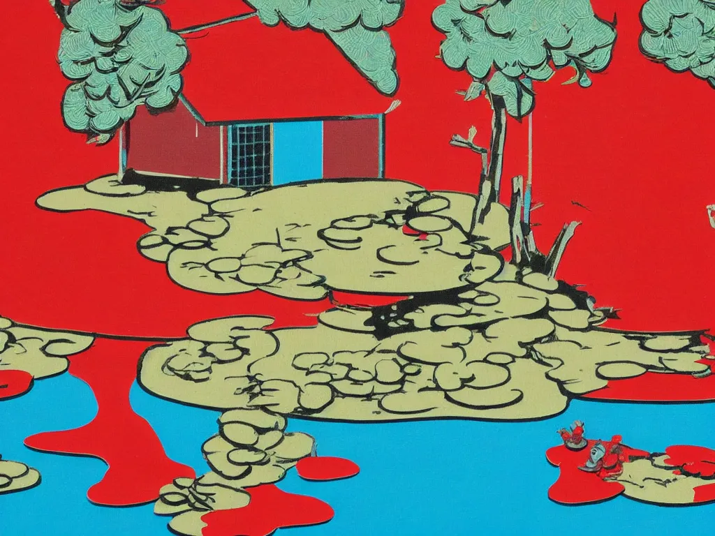 Prompt: close - up image of a japanese red house with a pond, with stormtroopers sitting around it, pop - art style, the style of andy warhol, roy lichtenstein and jackie tsai, bright and saturated palette, acrylic on canvas