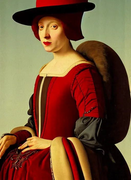 Prompt: portrait of young woman in renaissance dress and hat, art by petrus christus,
