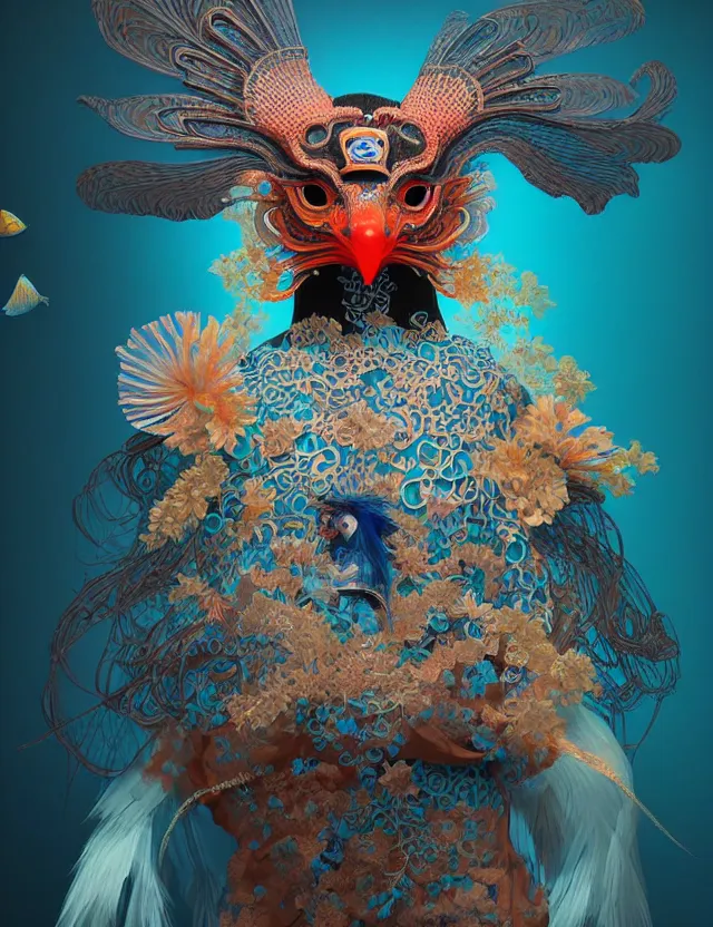 Image similar to 3 d shaman portrait. beautiful intricately detailed japanese crow kitsune mask and clasical japanese kimono. betta fish, jellyfish phoenix, bio luminescent, plasma, ice, water, wind, creature, artwork by tooth wu and wlop and beeple and greg rutkowski