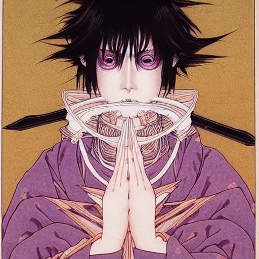 Image similar to prompt : portrait of muse soft light painted by takato yamamoto, purple rinnegan eyes, inspired by ninja anime, smooth face feature, intricate oil painting, high detail, sharp high detail, manga and anime