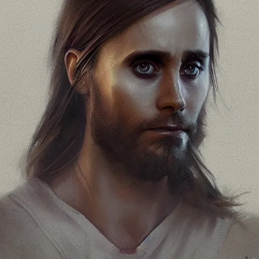 Image similar to “ portrait of jared leto by greg rutkowski, young, attractive, highly detailed portrait, scifi, digital painting, artstation, concept art, smooth, sharp foccus ilustration, artstation hq ”