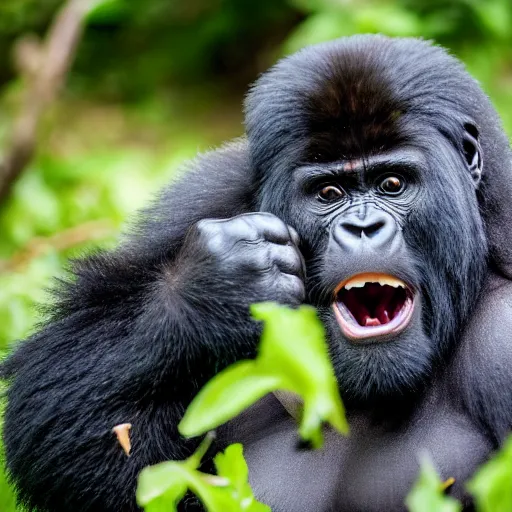 Prompt: mountain gorilla laughing while punching camera man