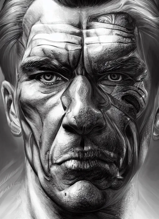 Image similar to symmetry!! arnold schwarzenegger, machine parts embedded into face, intricate, elegant, highly detailed, digital painting, artstation, concept art, smooth, sharp focus, illustration, art by artgerm and greg rutkowski and alphonse mucha, 8 k