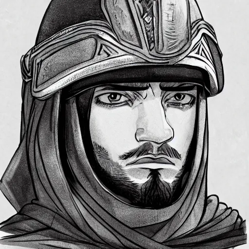 Prompt: a close up portrait of a young Sultan Saladin, art station, highly detailed, concept art, sharp focus, illustration in pen and ink, wide angle, by Kentaro Miura