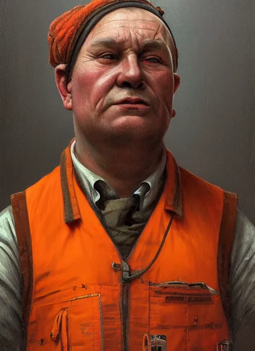 Image similar to a russian railroad electrician!!!, male!!, wearing orange vest!!, siberia!!, portrait, dirty, fat, ugly, intricate, elegant, highly detailed, digital painting, artstation, concept art, wallpaper, smooth, sharp focus, illustration, art by artgerm and greg rutkowski and alphonse mucha