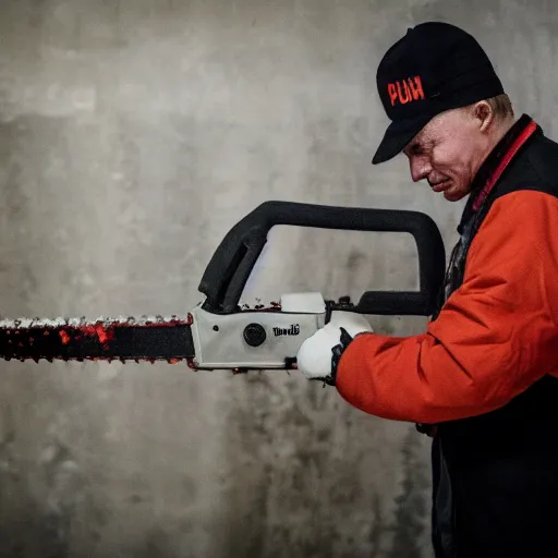 Image similar to putin with a chainsaw and a corpse. in a concrete bunker. focus on putins face with blood splatters. canon eos r 3, f / 1. 4, iso 1 6 0 0, 1 / 8 0 s, 8 k, raw, grainy