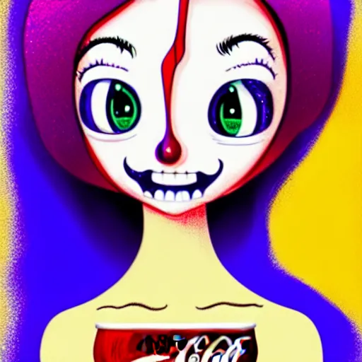 Prompt: digital drawing of the coke logo personified as a soda themed girl in the style of the youtuber lavender towne, large creepy eyes, extremely detailed and colorful eyes, digital art, deviant art, soda themed girl, hyper detailed eyes, money sign pupils, tim burton, scratchy lines, junji ito