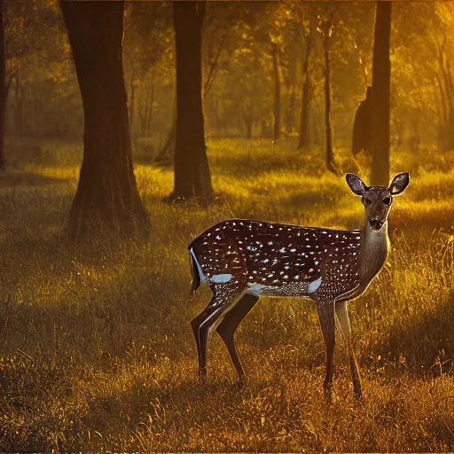 Image similar to a beautiful spotted deer in the woods lit by the morning sky, sunrise, chital, photorealistic, by annie leibovitz and steve mccurry, natural light, canon eos c 3 0 0, ƒ 1. 8, 3 5 mm, 8 k, medium - format print