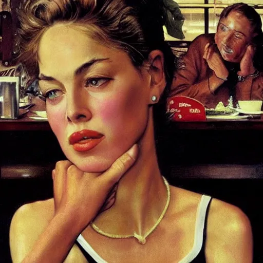 Prompt: young Sharon Stone at a diner, head and shoulders portrait, extremely detailed masterpiece, Roger Deakin’s cinematography, oil on canvas, Norman Rockwell.