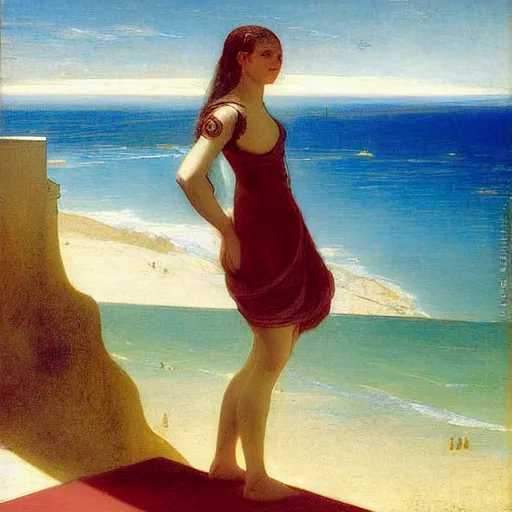 Image similar to A girl on the front of a Balustrade with costa blanca beach on the background by paul delaroche