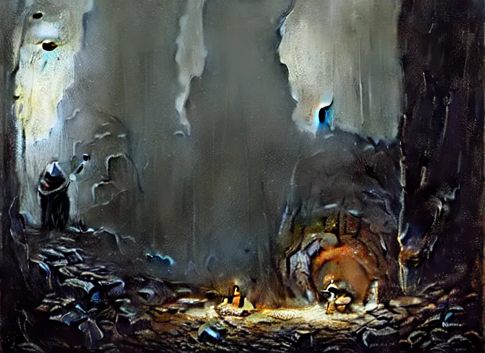 Image similar to A hooded dark figure approaches an abandoned mine in a cave lit by candles, Ivan Shishkin and Greg Rutkowski