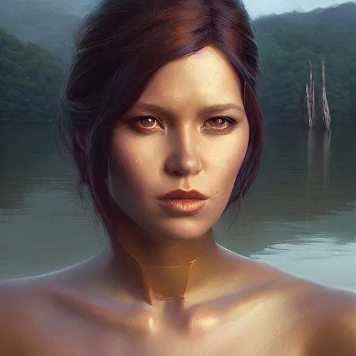 Image similar to leela portrait, dramatic light, lake background, 2 0 0 mm focal length, painted by stanley lau, painted by greg rutkowski, painted by stanley artgerm, digital art, trending on artstation