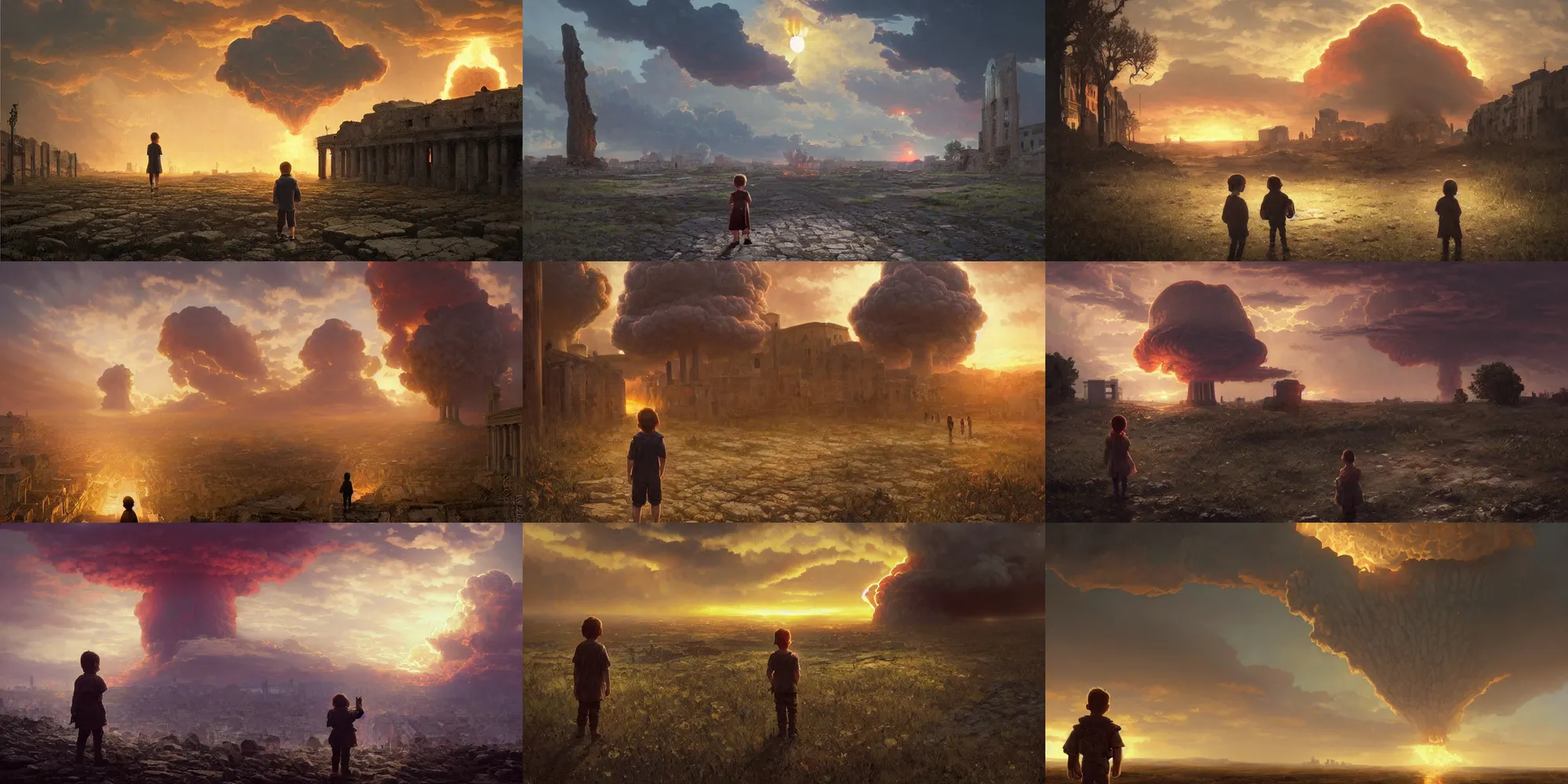Prompt: a child looking at a nuclear explosion in ancient roman street, massive mushroom cloud, moody sunset in background, greg rutkowski, alphonse mucha, trending on artstation, artgerm, unreal engine, breathtaking, award winning, highly detailed
