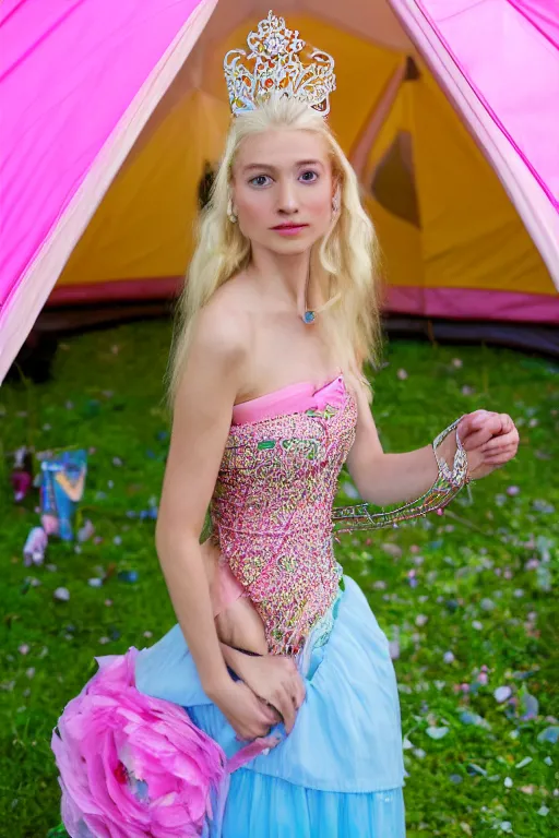 Prompt: a princess with long blonde hair and light blue eyes wearing a strapless elaborately beaded pink dress standing next to a green popup camping tent, high resolution film still, 8k, HDR color, film by Simon Langton and David Frankel, triangular face, very light freckles, round narrow chin, straight jawline, natural lips, high cheekbones, beautiful gazing eyes, green outdoor camping tent