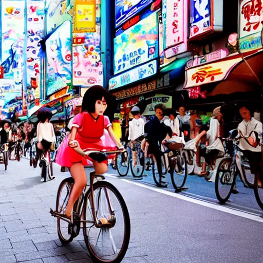 Image similar to anime girl riding bicycle in highly detailed dotonbori street, studio ghibli style, by hayao miyazaki, sharp focus, highly detailed, 4k