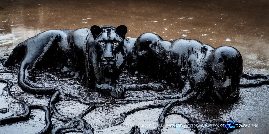 Image similar to the black lioness, made of smooth black goo, bathing inside the tar pit in the zoo exhibit, viscous, sticky, full of black goo, covered with black goo, splattered black goo, dripping black goo, dripping goo, splattered goo, sticky black goo. photography, dslr, reflections, black goo, zoo, exhibit