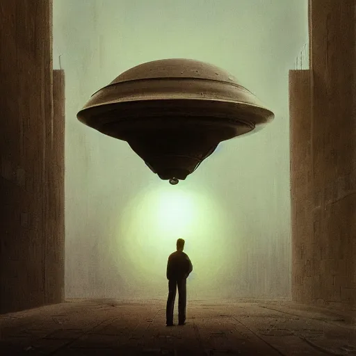 Image similar to an fbi agent looking at a ufo inside a giant warehouse, beksinski, wayne barlowe, very coherent symmetrical artwork, cinematic, hyper realism, high detail, octane render, 8 k