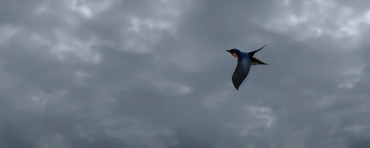 Image similar to a swallow bird flying through the clouds, atmospheric, mist, epic, photorealistic, realistic, rule of thirds, extremely detailed, 4 k, 8 k, unreal engine 5 render, rim lighting, rtx, ray traced lighting, shot on 3 5 mm, film grain