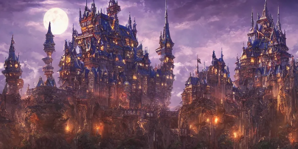 Image similar to imposing and highly ornamented fantasy castle, a lot of lights, multi layered huge architectures, no people, intricate, Anime Background, Miyazaki Hayao, Ghibli, editor’s pickup, trending on artstation, trending on deviantart, 4K