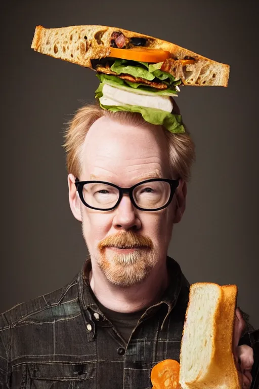 Image similar to 📷 portrait of adam savage as a sandwich, food head, still image, dynamic lighting, 4 k