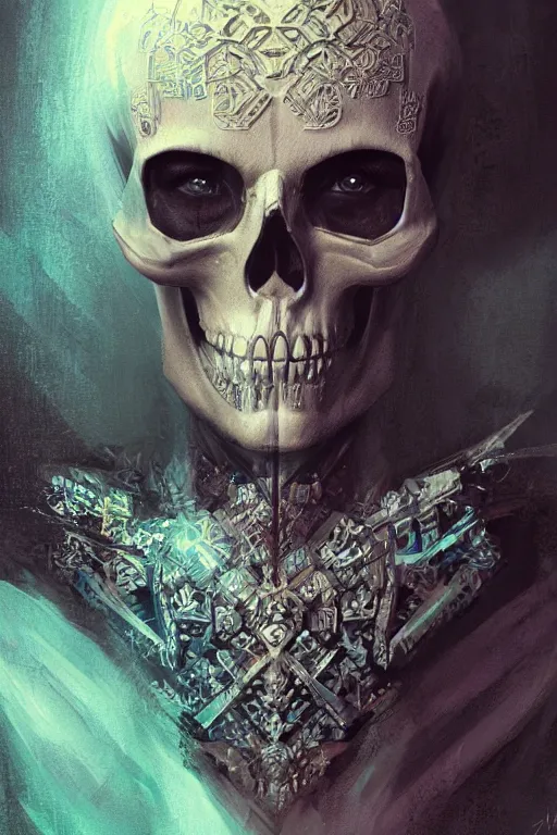 Image similar to concept art skull, the skull is decorated with art deco patterns, close - up portrait, powerfull, intricate, elegant, volumetric lighting, scenery, digital painting, highly detailed, artstation, sharp focus, illustration, concept art, ruan jia, steve mccurry