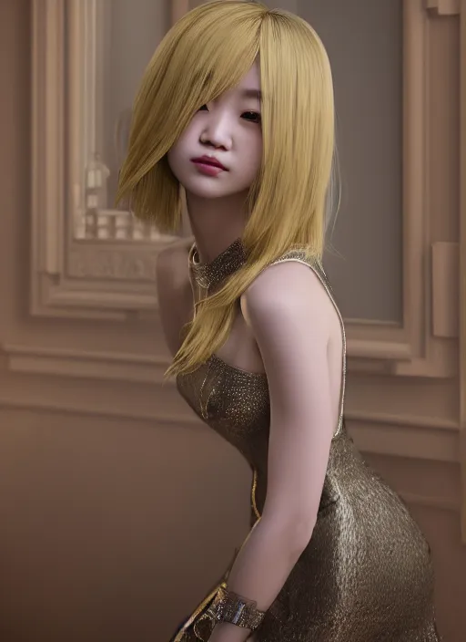 Image similar to portrait of an asian girl with blonde hair, in a fancy mansion, young cute beautiful face, wearing an expensive dress, detailed, 8 k, epic, charming, character, octane rendering, hyper - realistic