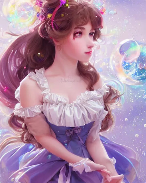 Image similar to portrait of magical lolita girl, dreamy and ethereal, expressive pose, big blue eyes, exciting expression, fantasy, intricate, elegant, many rainbow bubbles, rose tones, highly detailed, digital painting, artstation, concept art, cyberpunk wearing, smooth, sharp focus, illustration, art by artgerm and greg rutkowskiand alphonse mucha