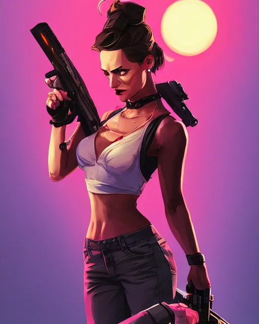 Image similar to portrait of femme fatale with pistol, gta v cover art, borderlands style, celshading, trending on artstation, by rhads, andreas rocha, rossdraws, makoto shinkai, laurie greasley, lois van baarle, ilya kuvshinov and greg rutkowski, 4 k