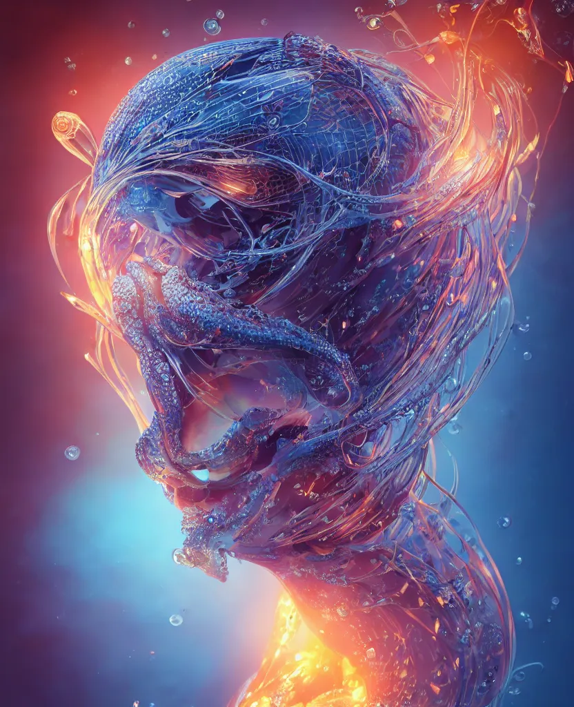 Image similar to close-up macro portrait of the face of a beautiful princess, epic angle and pose, symmetrical artwork, 3d with depth of field, blurred background, cybernetic jellyfish female face skull phoenix bird, translucent, nautilus, energy flows of water and fire. a highly detailed epic cinematic concept art CG render. made in Maya, Blender and Photoshop, octane render, excellent composition, cinematic dystopian brutalist atmosphere, dynamic dramatic cinematic lighting, aesthetic, very inspirational, arthouse. y Greg Rutkowski, Ilya Kuvshinov, WLOP, Stanley Artgerm Lau, Ruan Jia and Fenghua Zhong