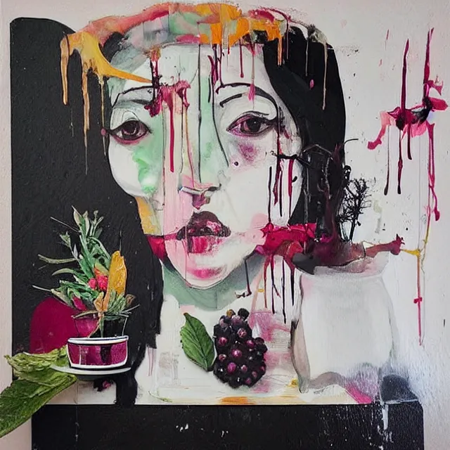 Prompt: “ a portrait in a female art student ’ s apartment, sensual, a pig theme, organic, art supplies, paint tubes, ikebana, herbs, a candle dripping white wax, black walls, squashed berries, berry juice drips, acrylic and spray paint and oilstick on canvas, surrealism, neoexpressionism ”