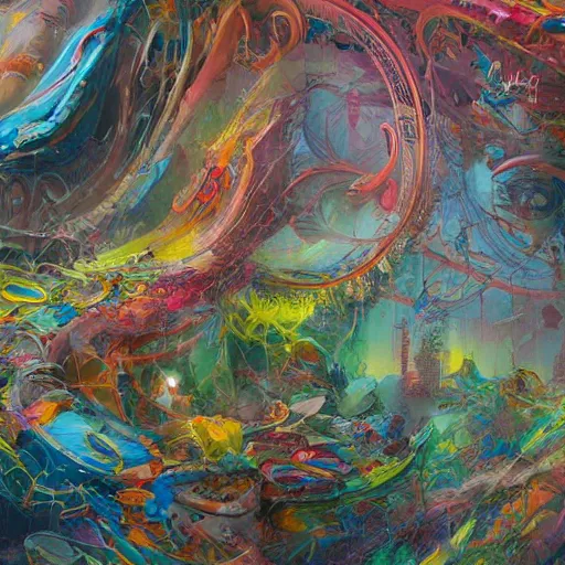 Image similar to faces, signatures, buildings, text, names, watermarks : - 5. 0 0 a brightly color, abstract, swirling, elaborate recursive large and decaying array of beauty, painted by ellen jewett as featured on conceptartworld 3 d, painted by laurie lipton as featured on conceptartworld 3 d, surreal ramifications