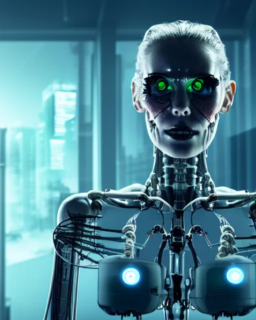 Image similar to a terminator cyborg lady with borg implants and a human face and is hanging from cables and wires off the ceiling of a lab and is drinking coffee. tiny green led lights in her cybernetics. sophisticated lab in the background, with dystopian city visible through the window. very detailed 8 k. horror cyberpunk style.