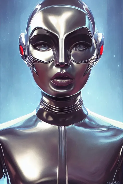 Image similar to retro-futuristic female android in chrome armour, facial portrait, rim light, ornate pattern, evil eyes, angry expression, painting by vincent di fate, artgerm julie bell beeple, Smooth gradients, High contrast, depth of field, very coherent symmetrical artwork