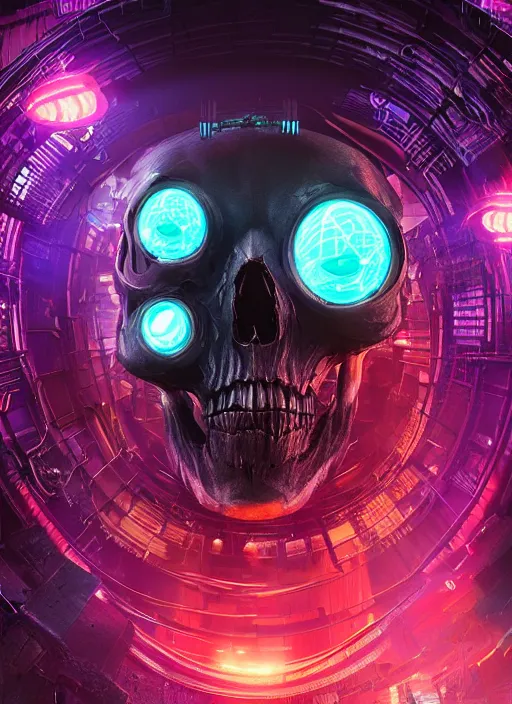 Image similar to a futuristic skull with glowing eyes and a wormhole tunnel, cyberpunk art by android jones, behance contest winner, computer art, darksynth, synthwave, rendered in cinema 4 d