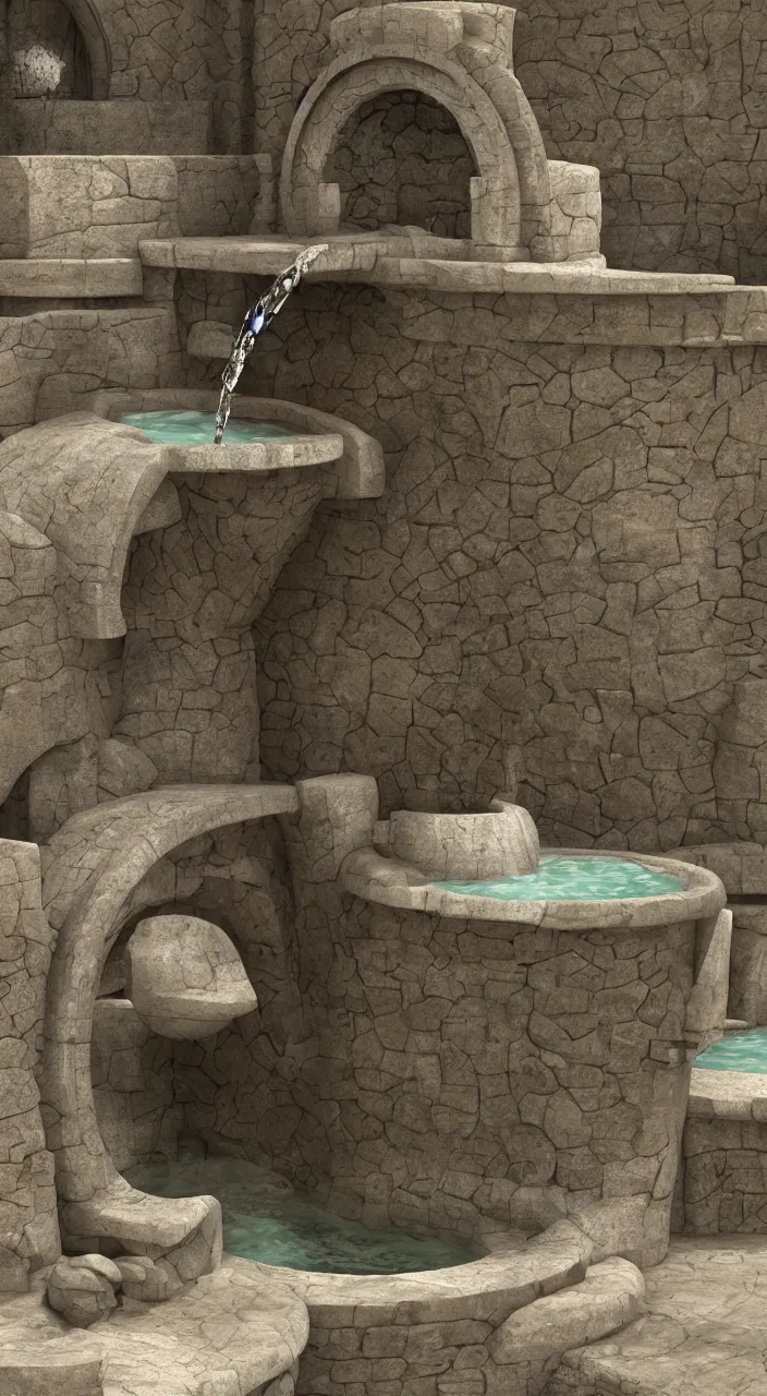Prompt: a stream of water entering into a machine made from amphoras and producing a large coin, in the style of a fountain, architectural 3 d render, isometric, engineering, dynamic lighting, clay texture, 8 k