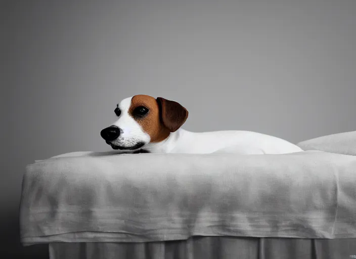 Prompt: photography of a Jack Russel . watching outside the window. on a bed. in a white room. octane render,volumetric light, volumetric fog, photorealistic,, award winning photo, 100mm, sharp, cloth, high res