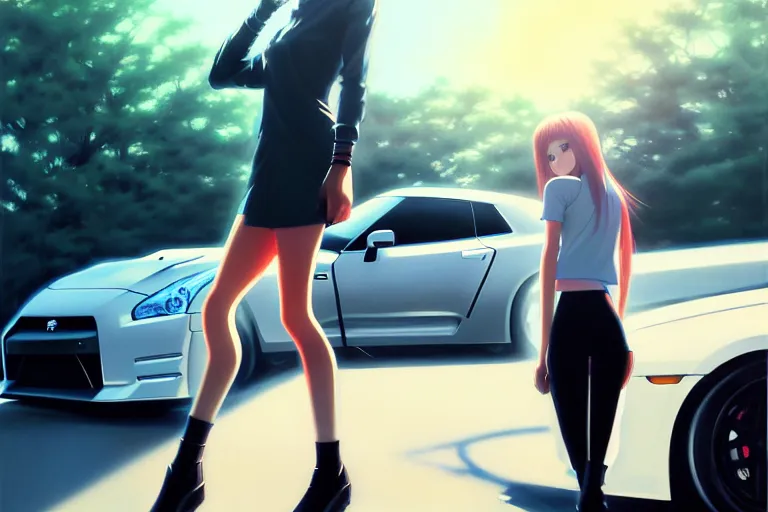 Image similar to A ultradetailed beautiful panting of a stylish girl standing in front of a Nissan GTR, Oil painting, by Ilya Kuvshinov, Greg Rutkowski and Makoto Shinkai