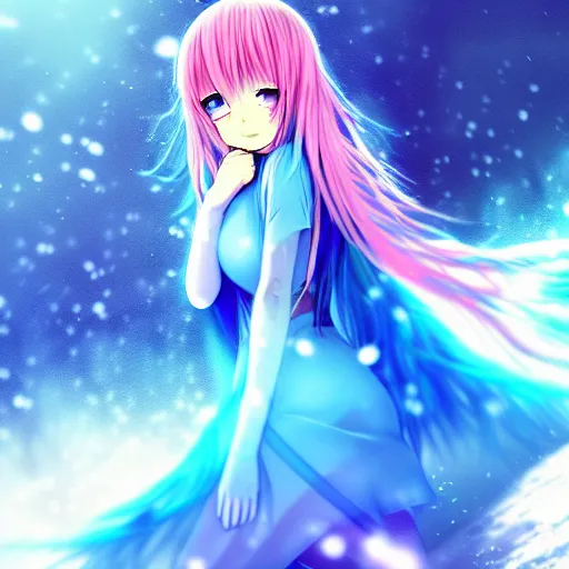 Image similar to advanced digital anime art, a very cute gorgeous teenage girl with a body made of fire and ice , full body, very long snow colored hair, sky blue highlights in hair, red fiery watery eyes, wearing a dress made of water, full round face, dramatic cinematic lighting, wideshot, highly intricately detailed, glitched background, cracked screen, trending on pixiv, Artstation, painted by Rossdraws and the style of Sakimimichan