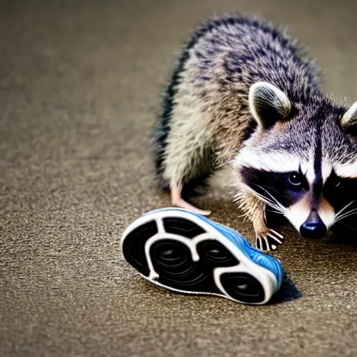 Prompt: a cute raccoon and a white sneaker shoe with its laces undone, highly detailed, hyperrealistic, award winning, national geographic wildlife photo, bokeh, soft lighting