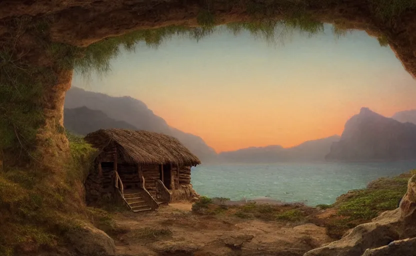 Image similar to small ancient times hut overlooking the ocean, close up shot, at dusk, distant mountains, 4k, rule of thirds, extreme detail, hazy water, intricate ink illustration, trending on artstation, cgsociety, hd, calm, complimentary colours, realistic lighting, by Albert Bierstadt, Frederic Edwin Church.